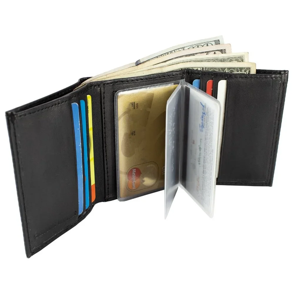 Men Trifold Wallet, Lambskin Leather Wallet Black